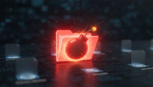 데이터 침해, 악성 코드 감염 또는 사이버 보안 위협을 상징하는, 폭탄이 들어있는 붉게 빛나는 디지털 폴더