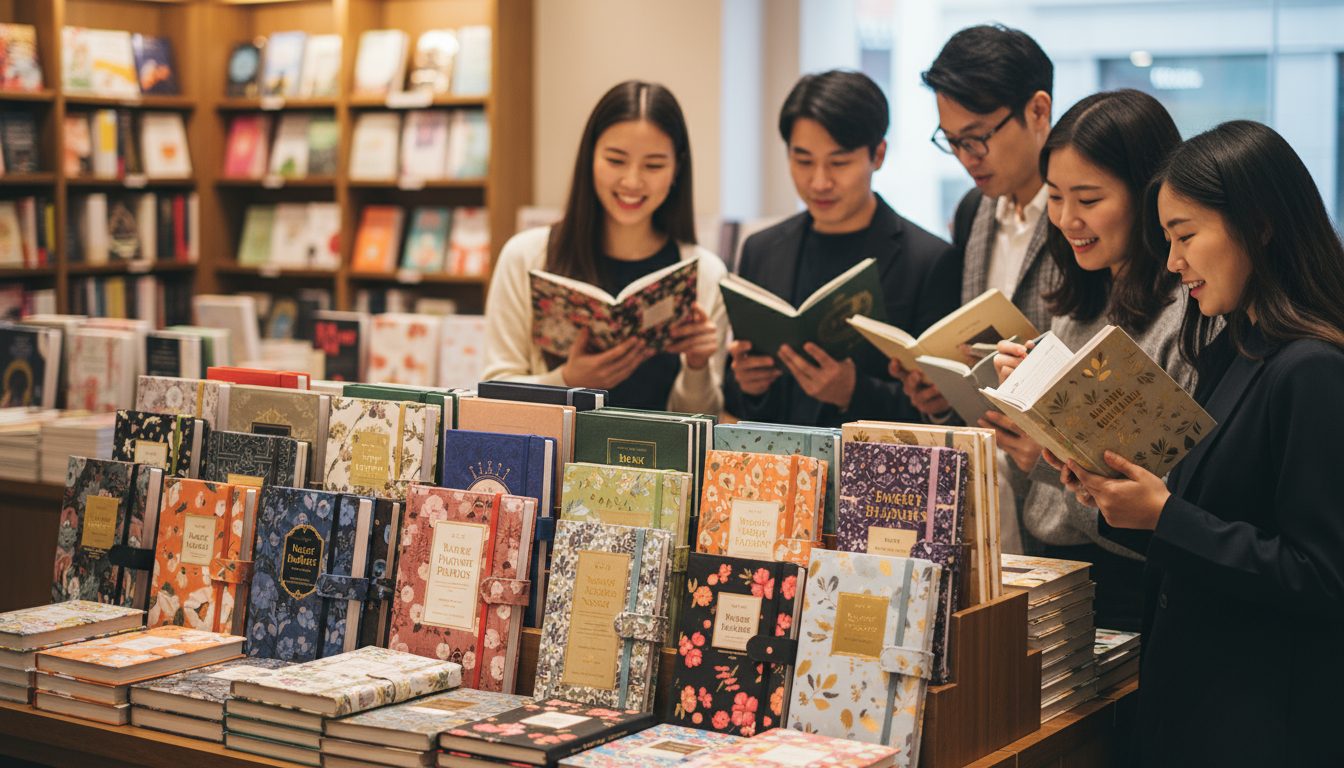 배당이란 무엇인가? 중간배당과 결산배당 1 밝은 서점에서 다양한 표지의 다이어리, 노트, 책을 살펴보며 독서하는 다섯 명의 아시아인 학생들 또는 젊은이들