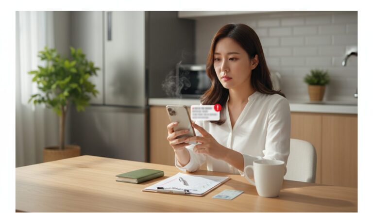 주방 식탁에 앉아 스마트폰을 들여다보는 젊은 여성. 스마트폰 화면 위로 경고 메시지 알림이 뜨며 연기가 피어오르는 듯한 시각적 효과가 강조됨.
