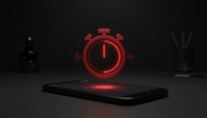 어두운 배경 위 휴대폰 화면에서 붉은색 스톱워치 홀로그램이 떠오르는 3D 이미지