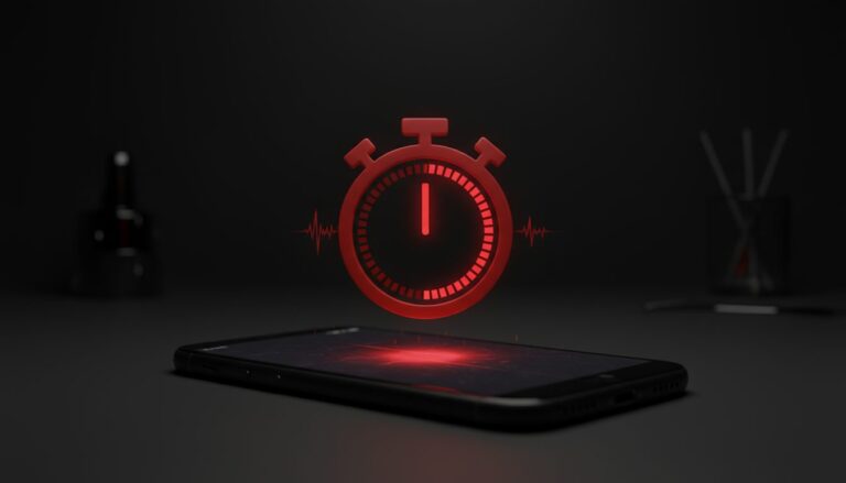어두운 배경 위 휴대폰 화면에서 붉은색 스톱워치 홀로그램이 떠오르는 3D 이미지
