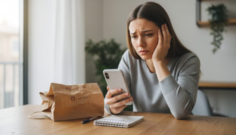 한 여성이 집에서 테이블에 앉아 스마트폰을 보며 걱정스러운 표정을 짓고 있으며, 옆에는 종이 가방과 노트가 놓여 있음