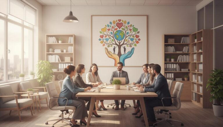 창문이 있는 밝은 회의실에서 화목한 분위기 속에 회의하는 비즈니스 팀원들