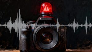 사이렌이 켜진 카메라와 음성 파형이 결합된 그림으로, 기록 감시나 경고를 상징하는 이미지