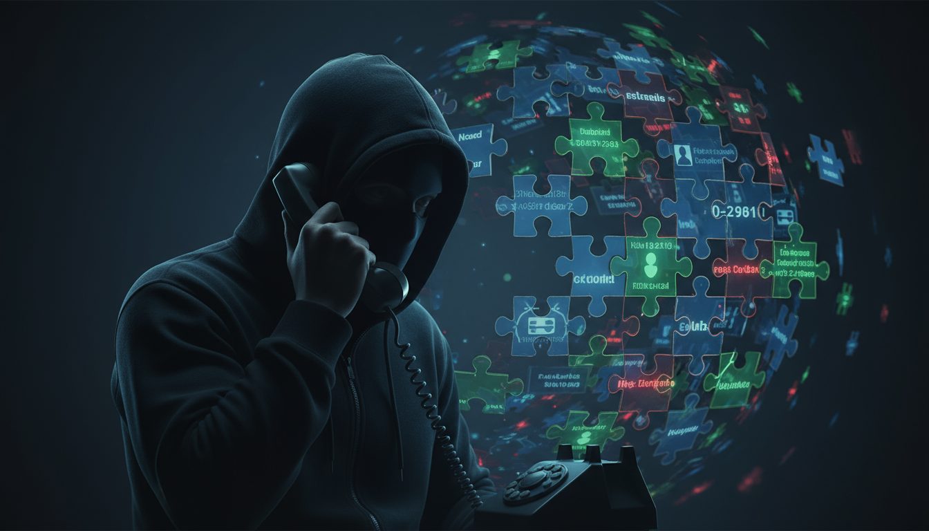 인터넷 게시판에 올린 내 연락처 누가 마음대로 저장했다면? 1 어두운 배경에서 후드티를 쓴 사람이 전화기를 들고 있고, 옆에는 복잡한 디지털 정보가 퍼즐 조각처럼 흩뿌려진 지구본이 떠있다