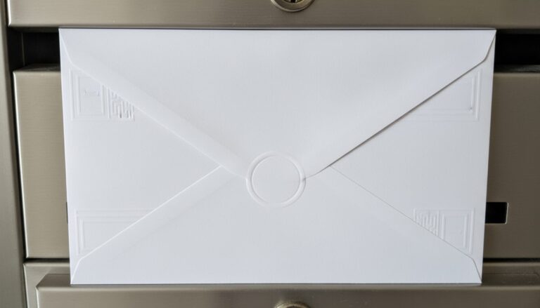 금속 우편함에 비스듬히 꽂혀 있는 깨끗한 흰색 편지 봉투