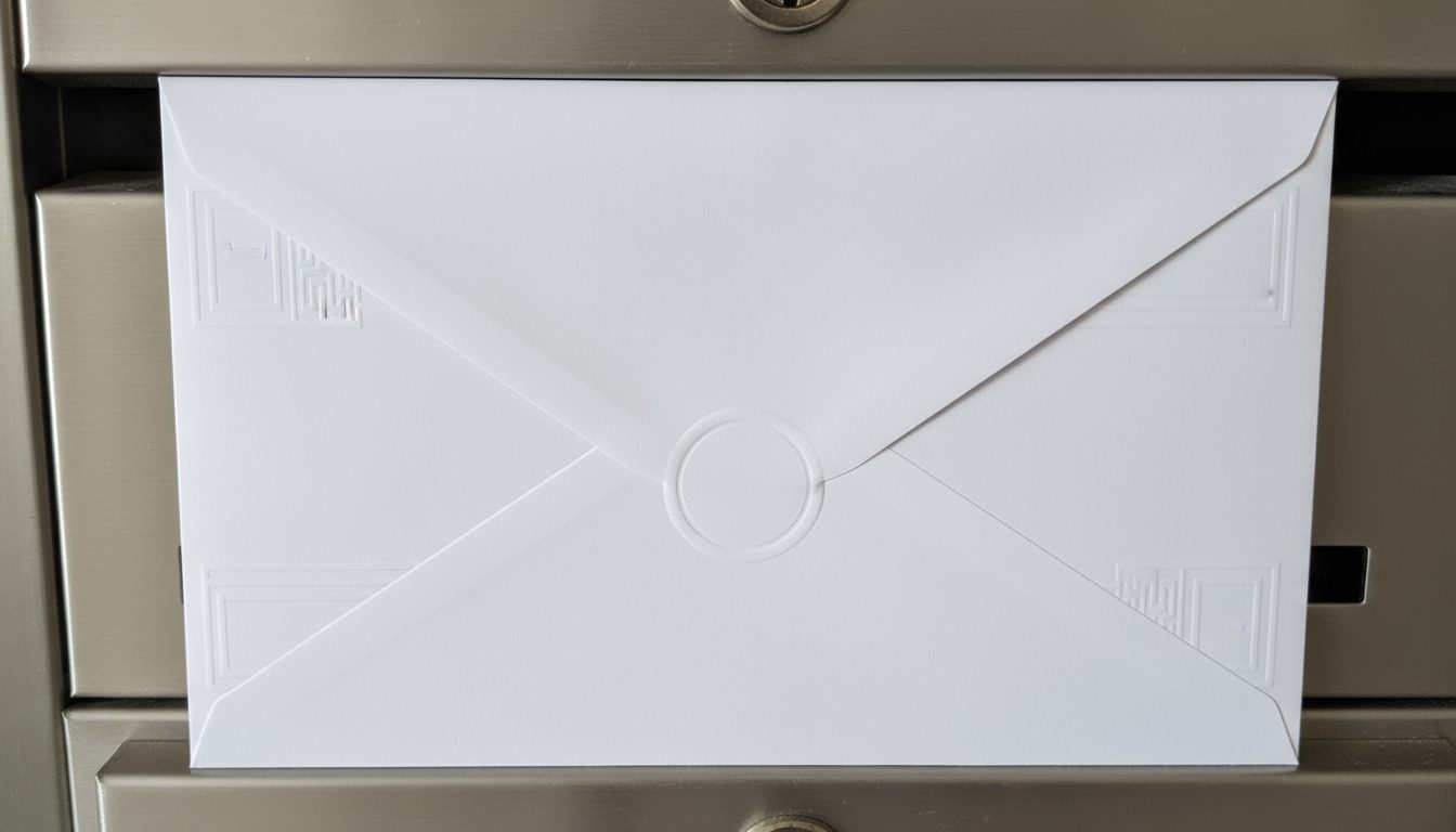 의결권 대리행사 위임장은 어떻게 작성해야 할까? 1 금속 우편함에 비스듬히 꽂혀 있는 깨끗한 흰색 편지 봉투