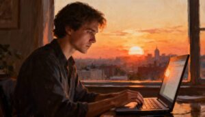 창밖으로 아름다운 석양이 보이는 방 안에서 노트북으로 작업하고 있는 남성