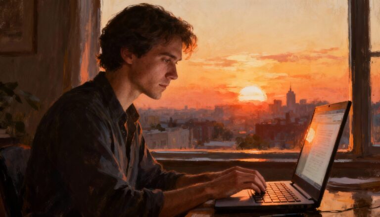 창밖으로 아름다운 석양이 보이는 방 안에서 노트북으로 작업하고 있는 남성