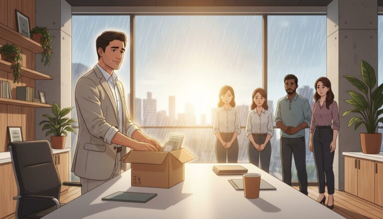 이사의 경업금지의무 동종업계 창업 시 문제 될까? 2 밝은 사무실 창가에서 한 남성이 짐이 담긴 박스를 정리하고 있고, 동료들이 아쉬운 표정으로 그를 바라보는 모습