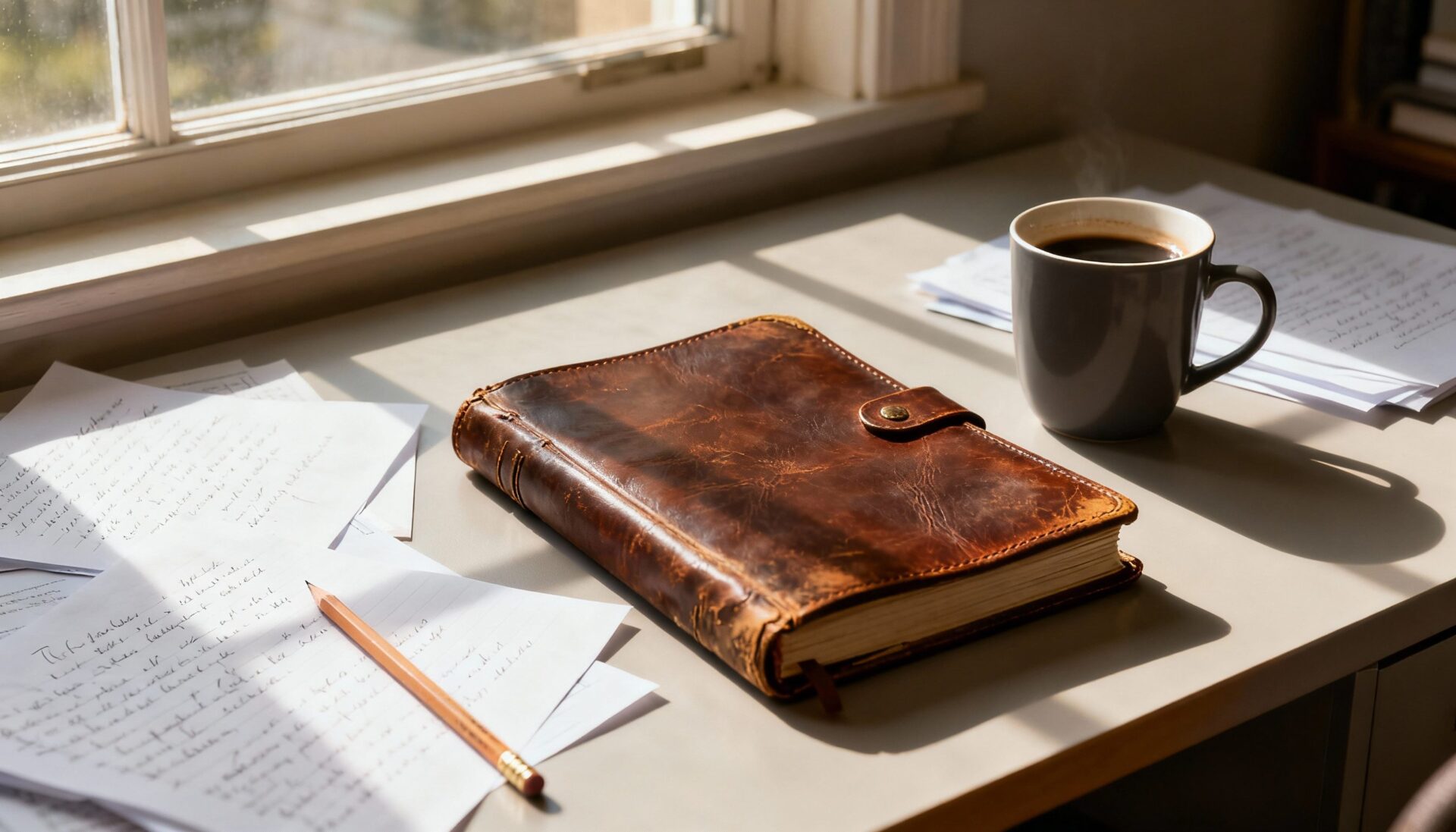 영화 명대사를 내 쇼핑몰 상세페이지에 써도 저작권에 걸릴까? 1 창가 햇살이 비추는 책상 위에 놓인 가죽 노트와 커피 한 잔, 그리고 손글씨가 쓰인 종이들